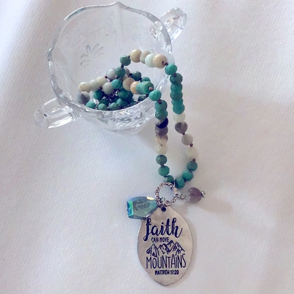 Faith necklace with simulated turquoise and stone beads